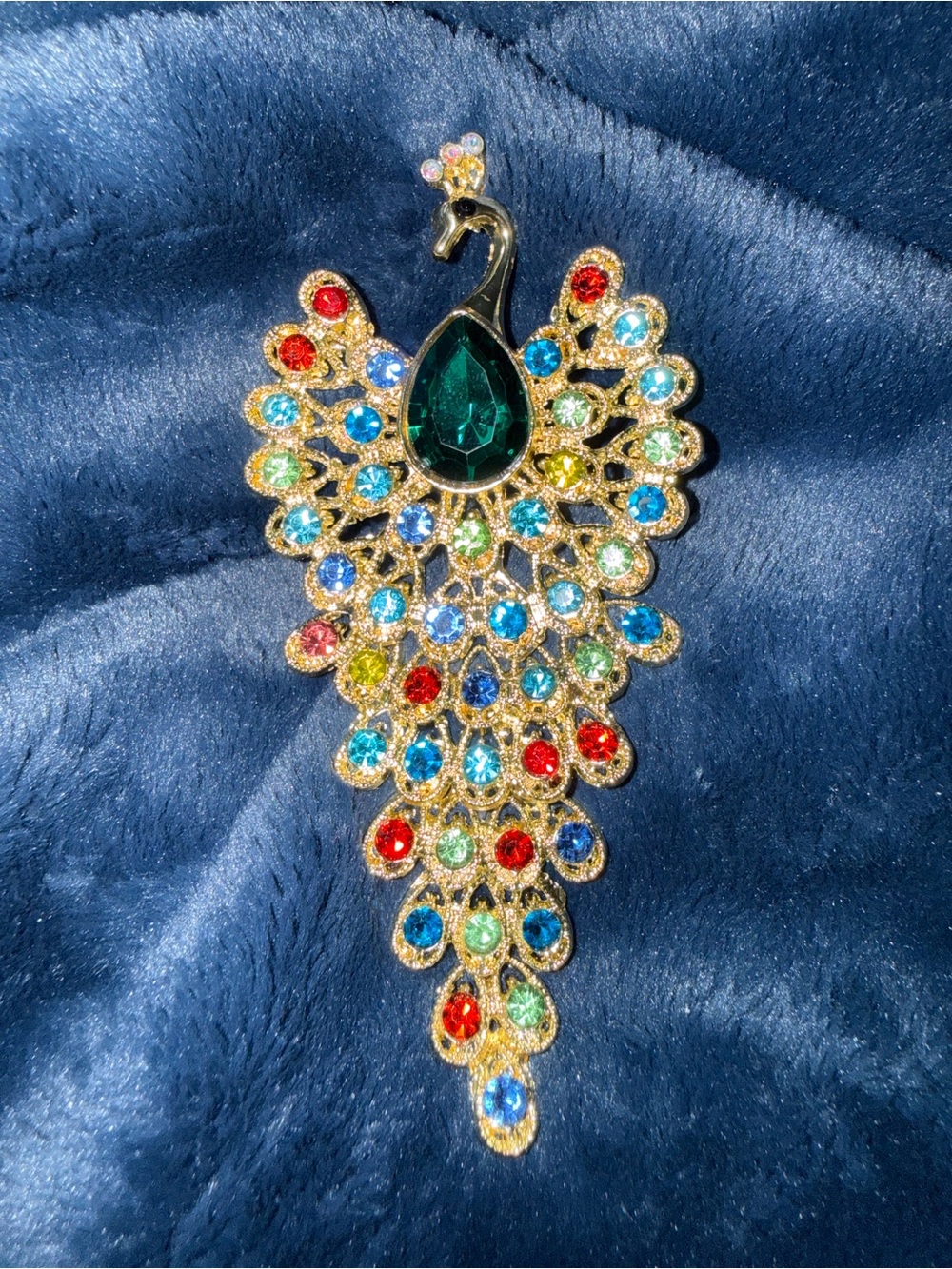 Brooch Peacock Crystal Gold Tone Multi Colored Rhinestones Movable Tail #12